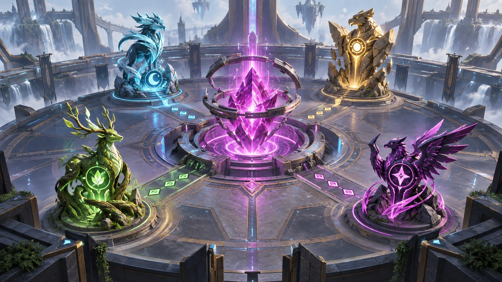 Dört element savaş rolü, dengeli bir fantezi arenasında yeniden yapılandırılmış kristal çekirdeği çevreliyor.
