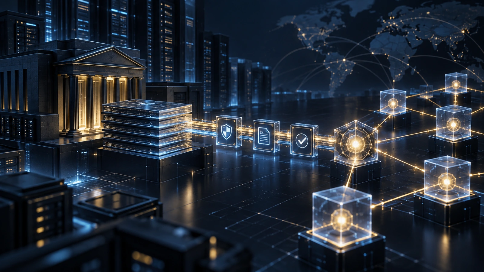 Institutional ledger blocks pass through compliance checkpoints into a global oracle network.
