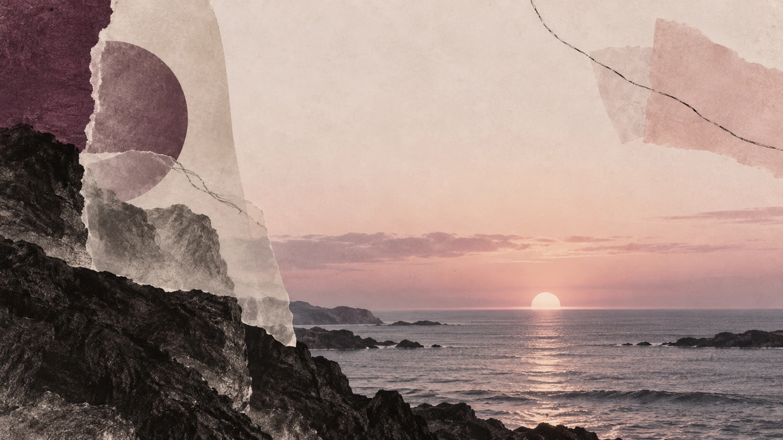 An off-center dark rock and layered vellum shapes beside a quiet pink coastal horizon.