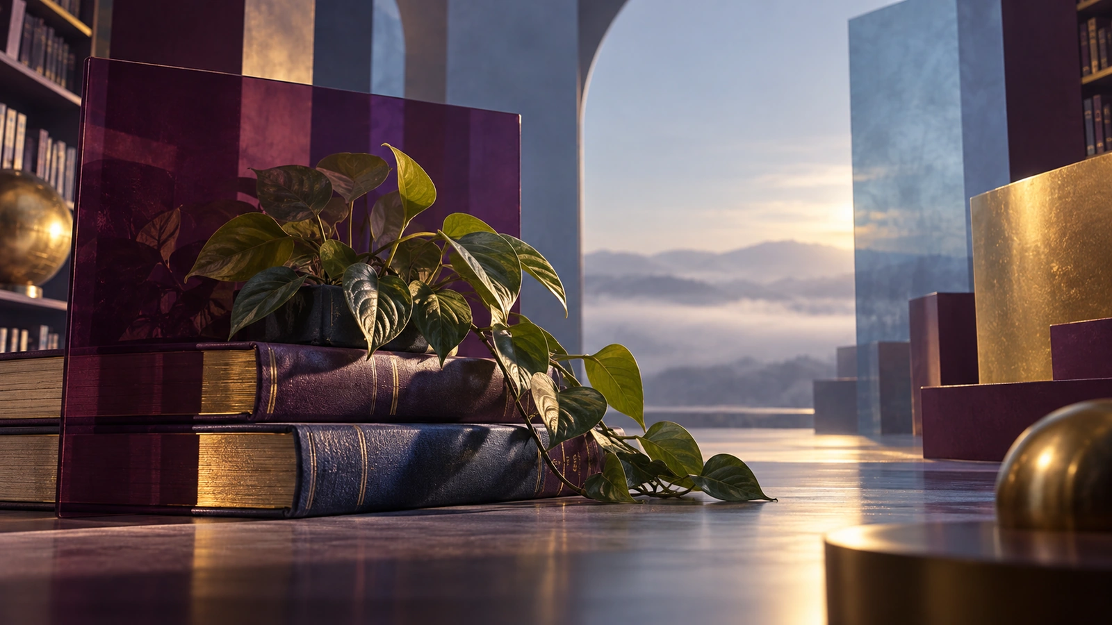A climbing plant rests on stacked books among translucent plum and blue planes in a library-like room