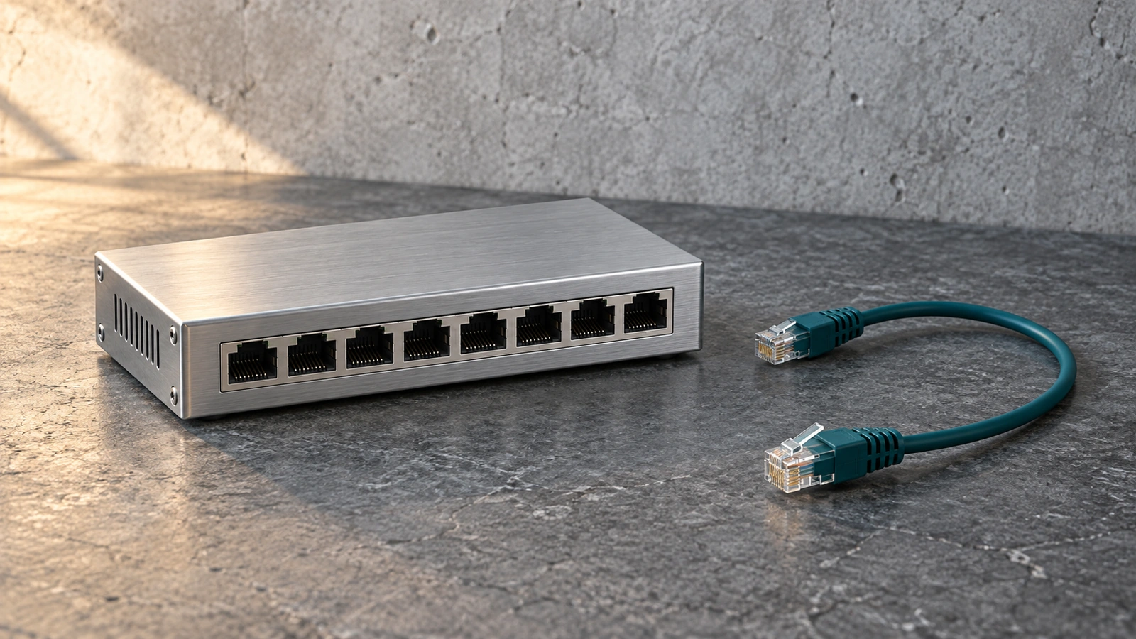 One silver network switch with eight empty ports and one disconnected teal Ethernet cable.