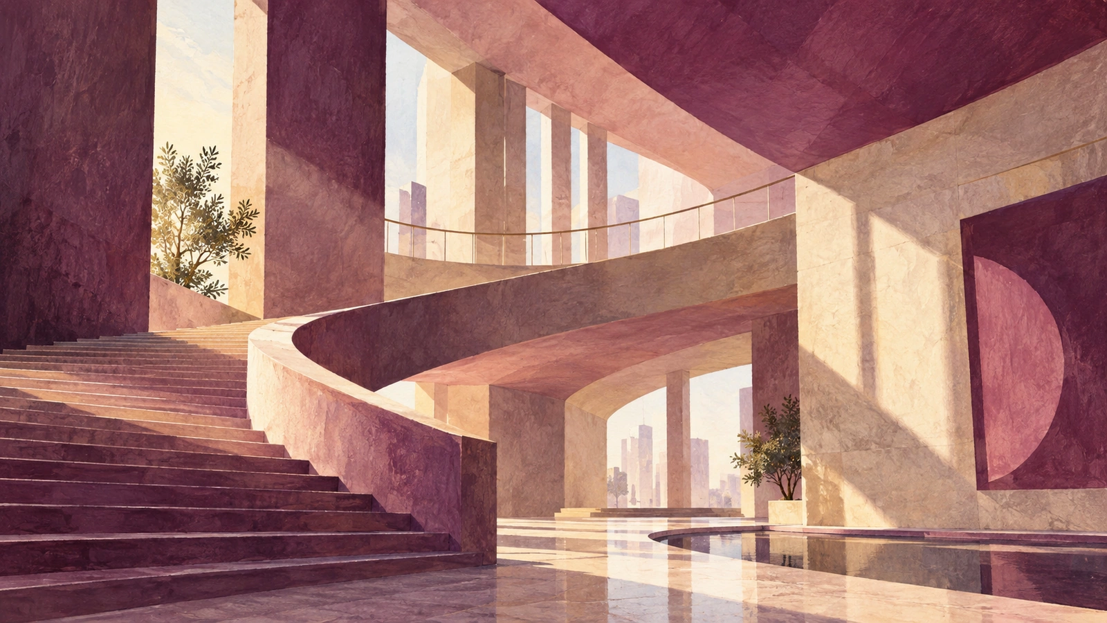 Layered ramps and stairs rise through a warm aubergine and stone atrium.