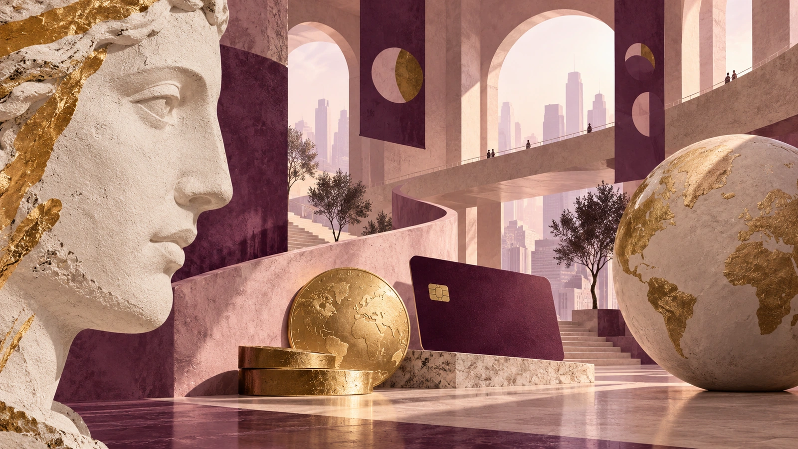 A stone profile, payment card and gold spheres in an aubergine civic atrium.