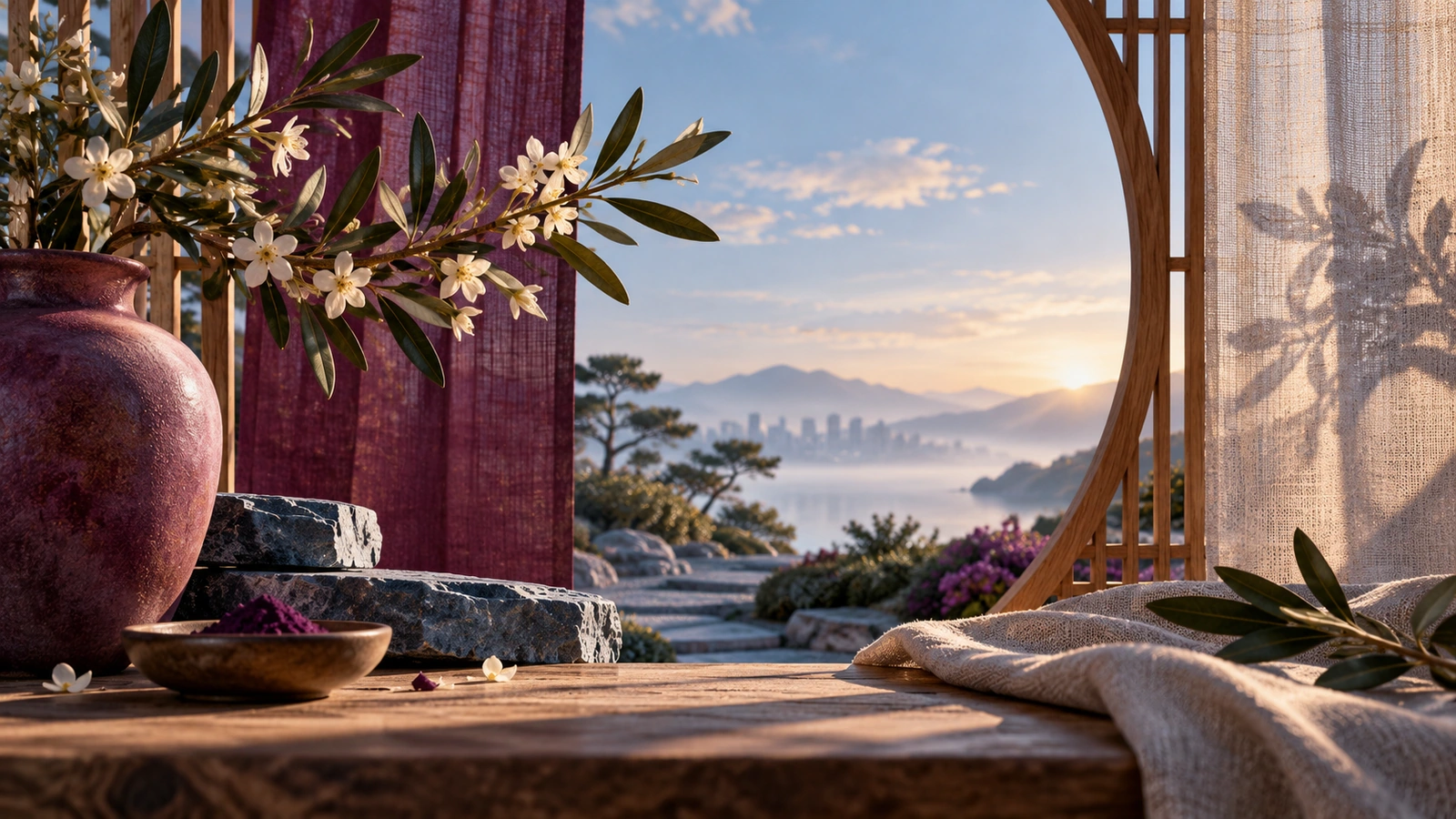 A flowering branch grows through layered linen and wood screens toward a distant sunrise.