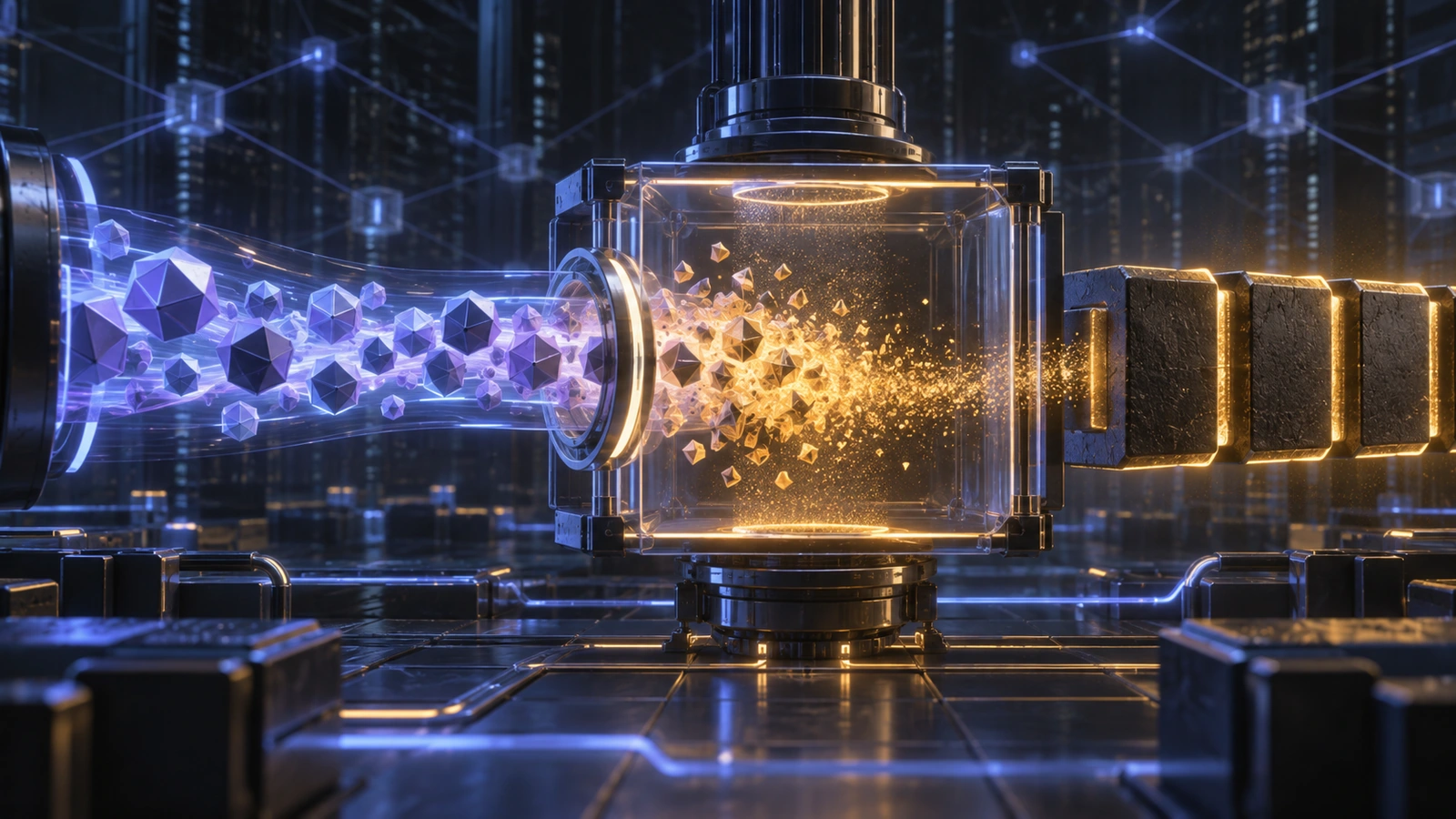 Polygonal token forms enter a verification chamber and dissolve into amber particles beside a finalized block chain.