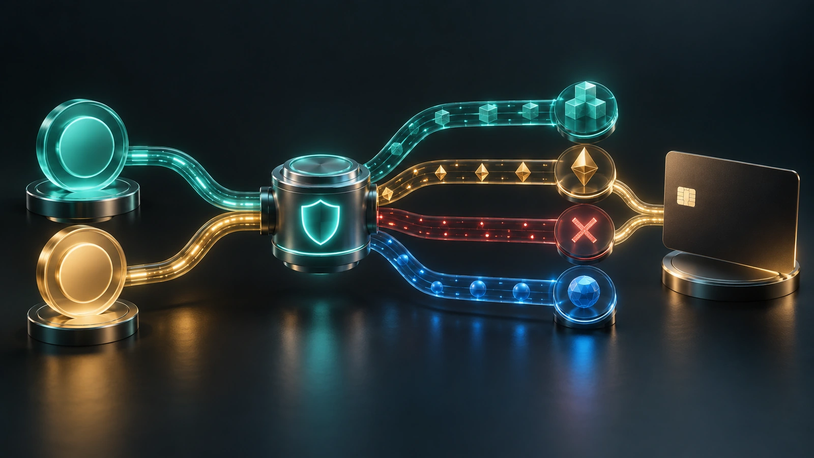 Güvenli bir ödeme merkezi, stablecoin değerini dört ayrı ağ yolu üzerinden bir ödeme kartına yönlendiriyor.