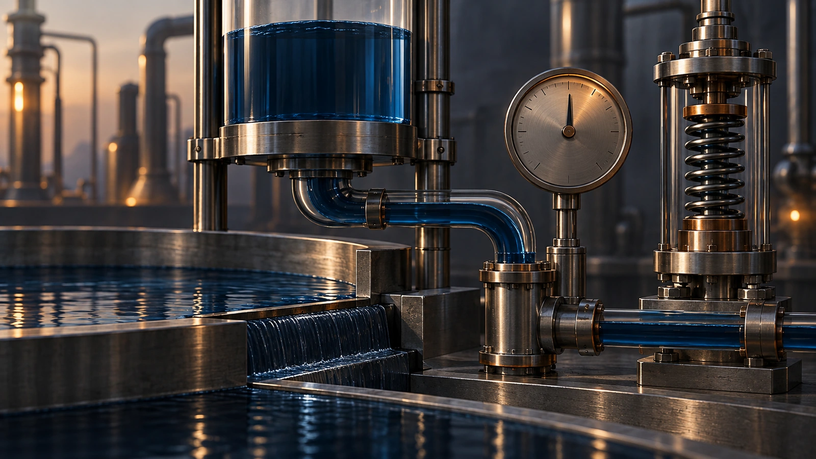 A raised blue reservoir, central pressure gauge and spring damper depict firmer liquidity pressure with softer risk gauges.