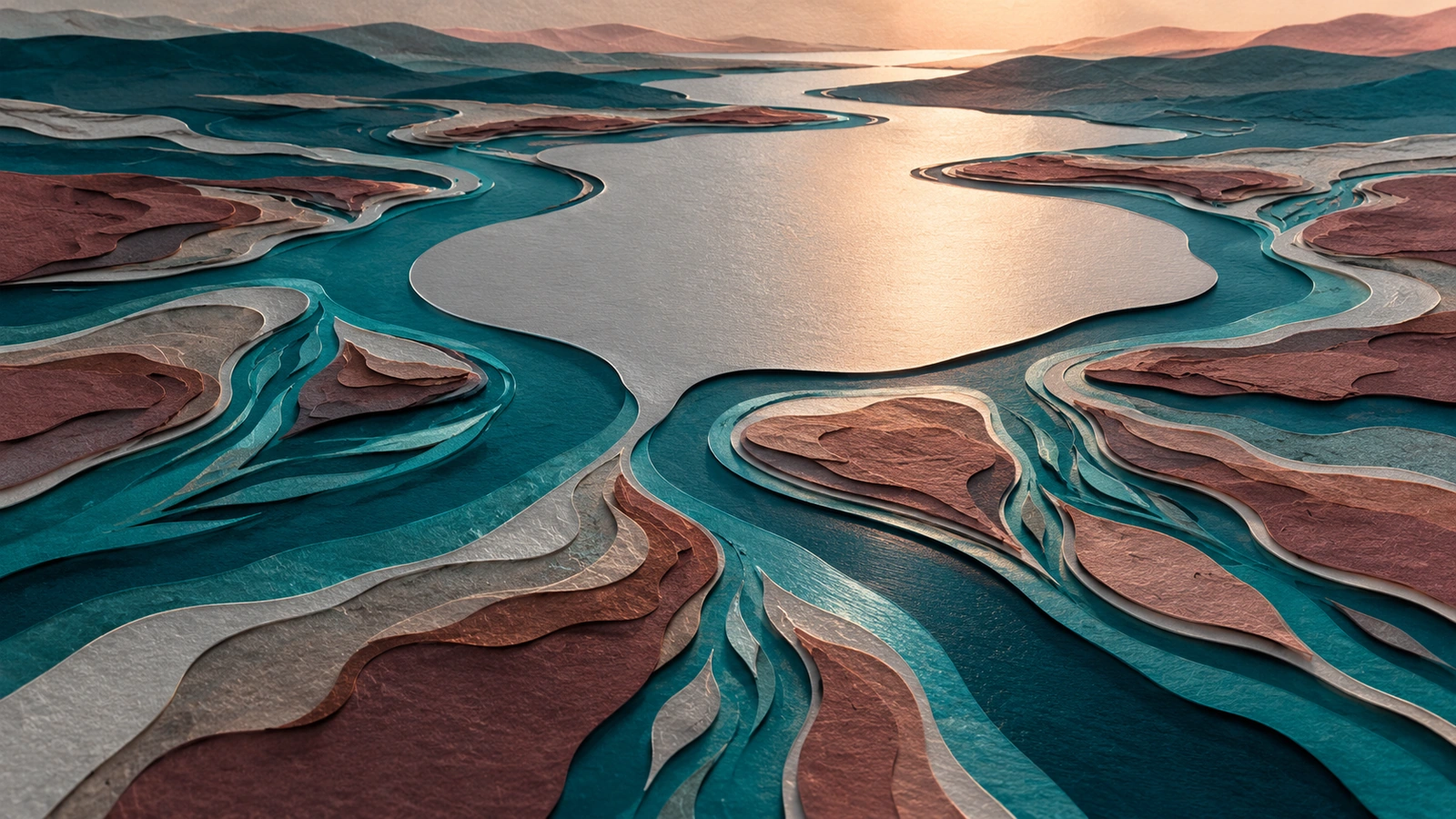 Layered teal and rosewood paper channels feed a calm pearl reservoir across a broad tactile delta.