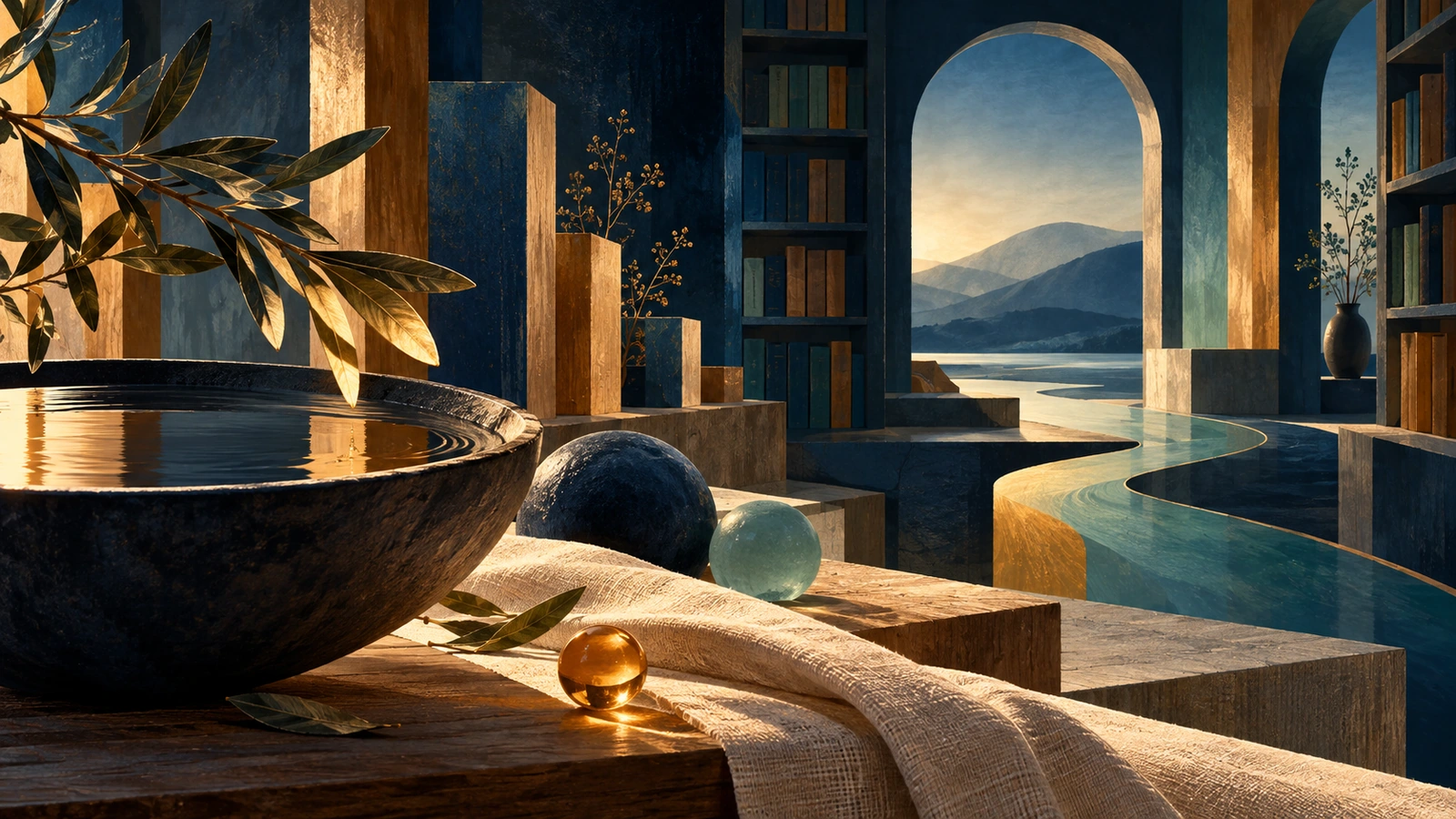 حوض داكن وكتل متدرجة تعيد توجيه مجرى مائي أزرق كهرماني يضيق داخل غرفة مكتبة.